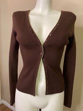 JEANNE PIERRE Brown Ribbed V-Neck Button Cardigan with lime Trim 💚 S